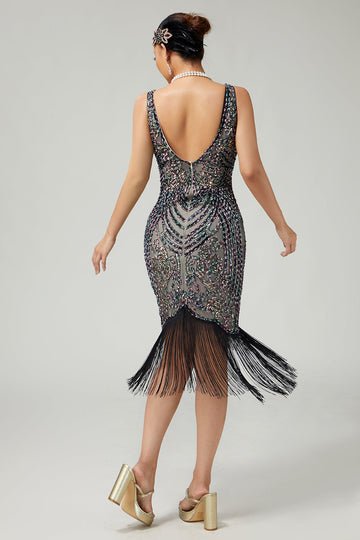 Black Apricot Bodycon Fringed Sequin 1920s Dress With 5-Piece Accessories Set